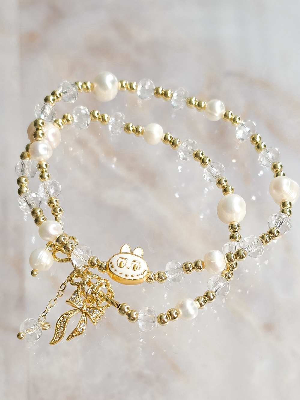 Labubu Inspired Double-Strand Pearl & Crystal Bracelet Gold & White